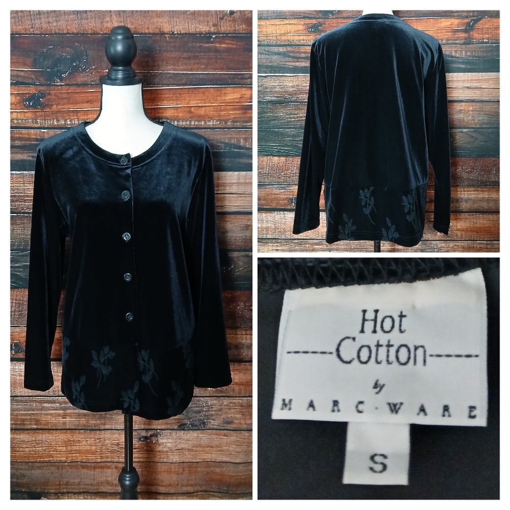 Hot Cotton Top S Black Velvet Cardigan Embroidered Marc Ware Vintage USA Made